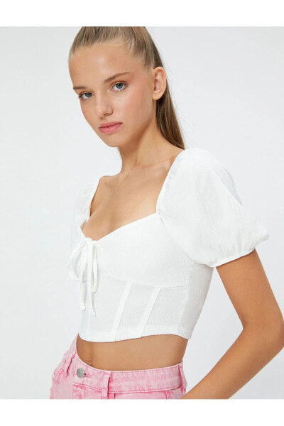 Футболка Koton Crop Heart Neck Corset Look