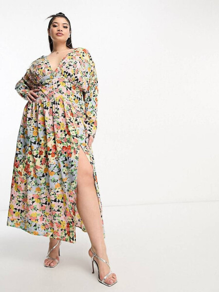 ASOS DESIGN Curve viscose batwing button through midi tea dress in ditsy floral