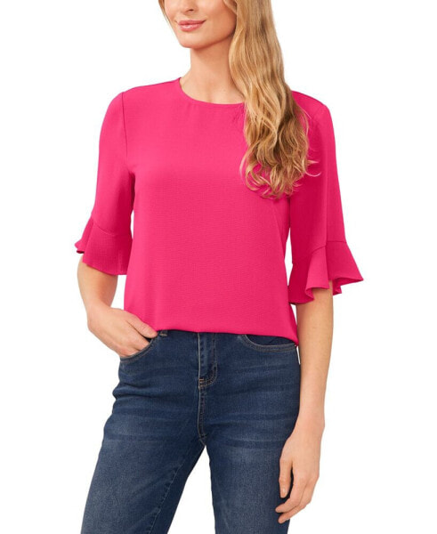 Women's Ruffled Cuff 3/4-Sleeve Crew Neck Blouse