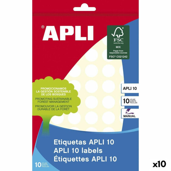 Клейкие этикетки APLI Белые Ø 1,3 см (10 штук) - 10 листов