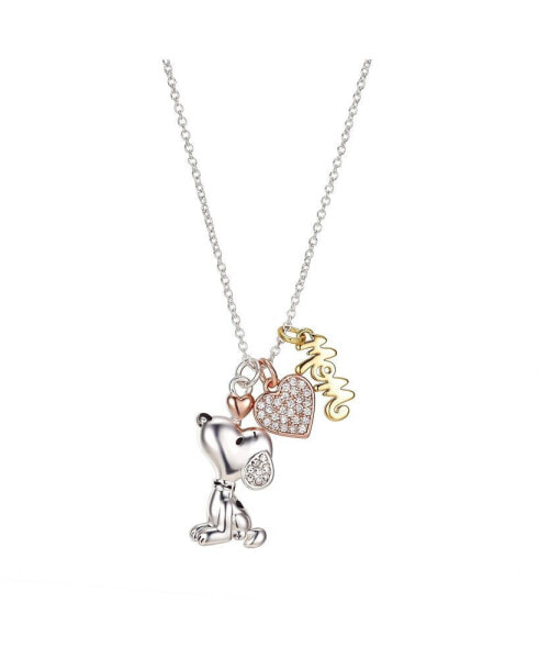 Gold Flash Plated "Mom" Snoopy and Cubic Zirconia Heart Necklace, 16"+2" Extender