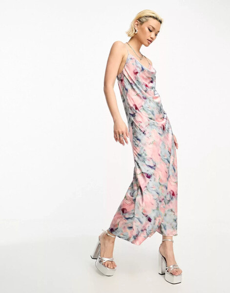 Object satin slip midi dress in blurred pink watercolour print