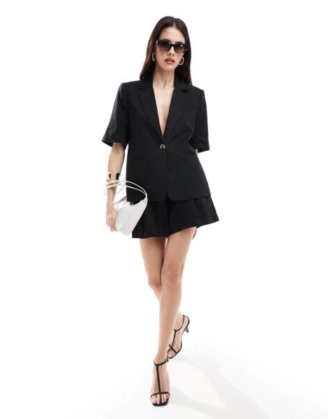 Vila linen look short sleeve blazer co-ord in black