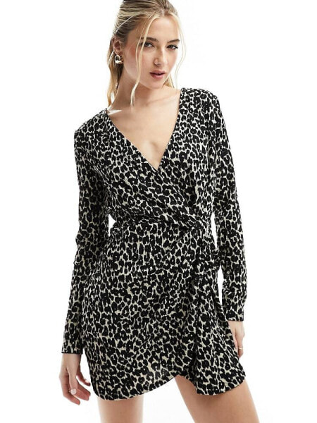 Mango wrap front leopard mini dress in black