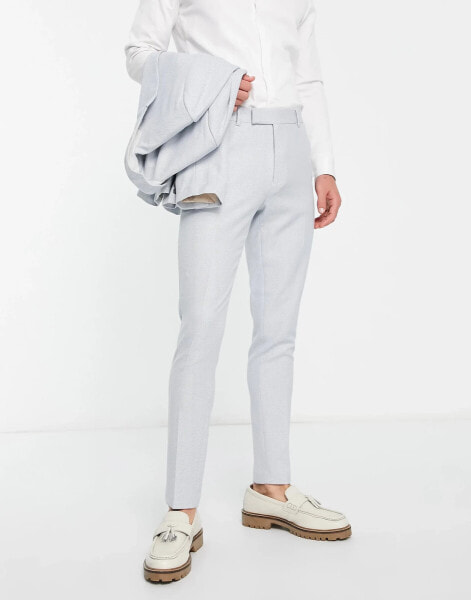 ASOS DESIGN wedding skinny suit trousers in linen mix in micro texture in pastel blue