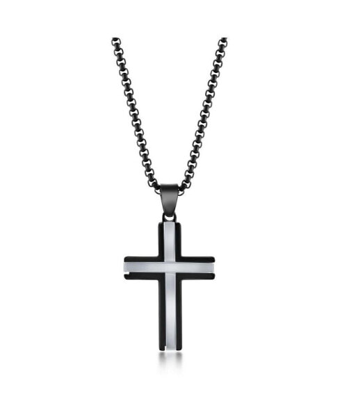 Men's Stainless Steel Black & Silver Polished Cross Necklace