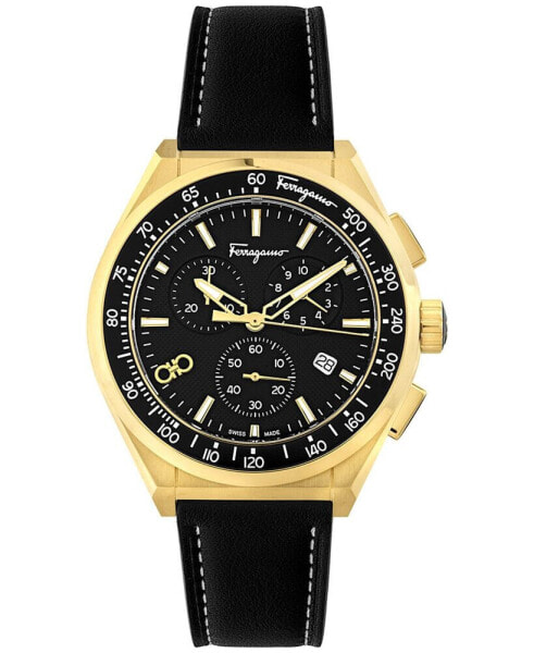 Salvatore Men's Swiss Chronograph Black Leather Strap Watch 43mm