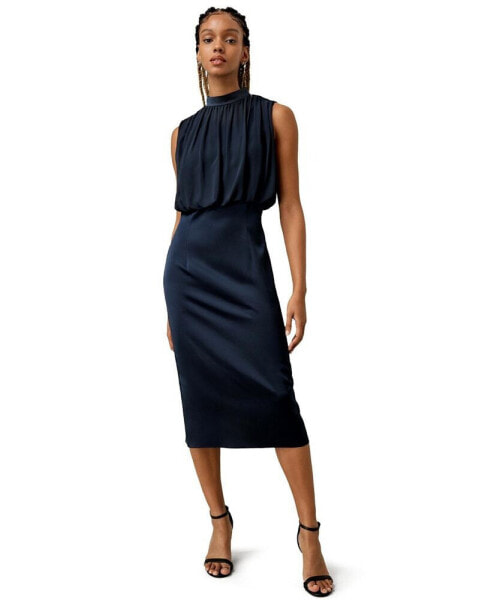 Women's Pleated Sleeveless Midi Silk Dress for Women