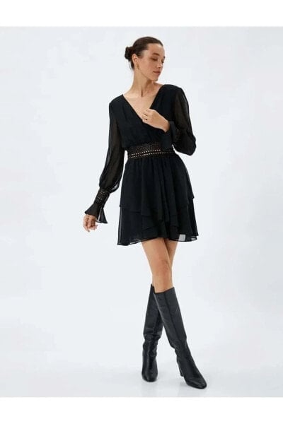 Kruvaze Yaka Tül Mini Elbise Dantel Detaylı Uzun Kollu Bol Kalıp Siyah