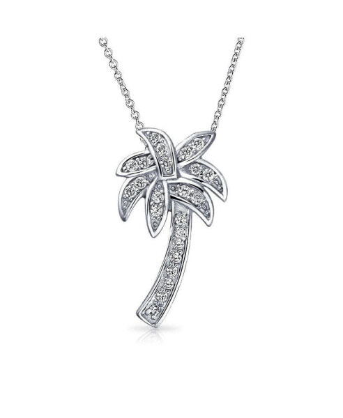 Bling Jewelry hawaiian Nautical Pave Cubic Zirconia CZ Tropical Beach Vacation Palm Tree Necklace Pendant For Women .925 Sterling Silver