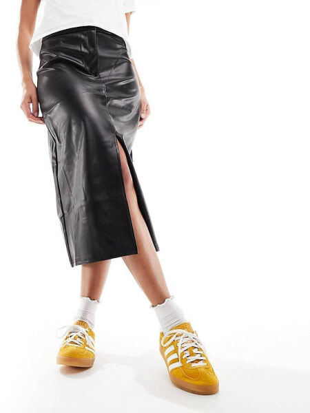 Pieces faux leather high waisted midi skirt in black