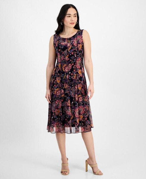 Petite Sleeveless Floral Chiffon Sheath Dress