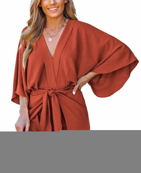 Women's Light Brown V-Neck Kimono Sleeve Mini Beach Dress