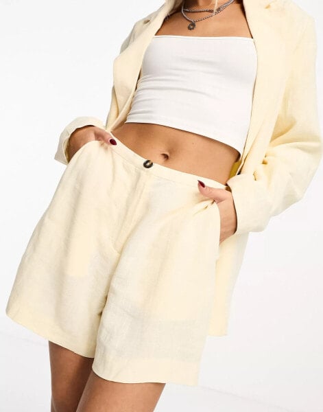 Weekday Kit co-ord linen mix shorts in pastel yellow