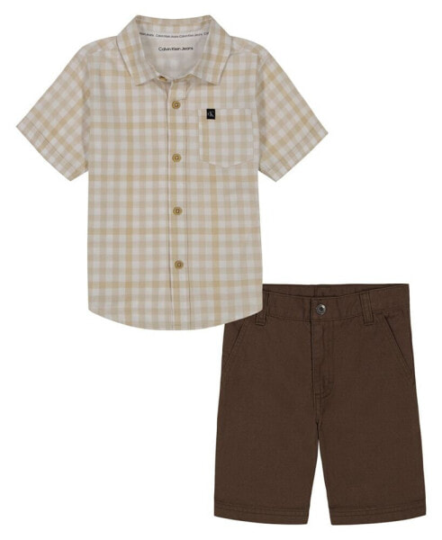Little Boys Plaid Short Sleeve Button-Up Shirt and Twill Shorts, 2 Piece Set