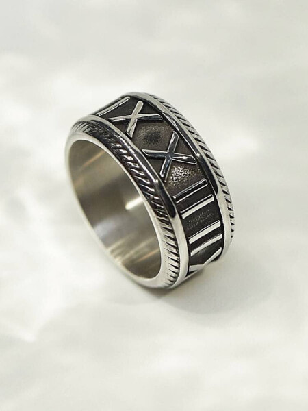 ASOS DESIGN waterproof stainless steel band ring with embossed roman numerals in silver tone