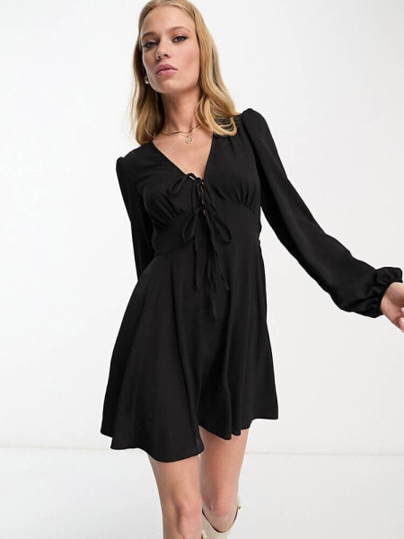 ASOS DESIGN long sleeve tie front mini tea dress in black