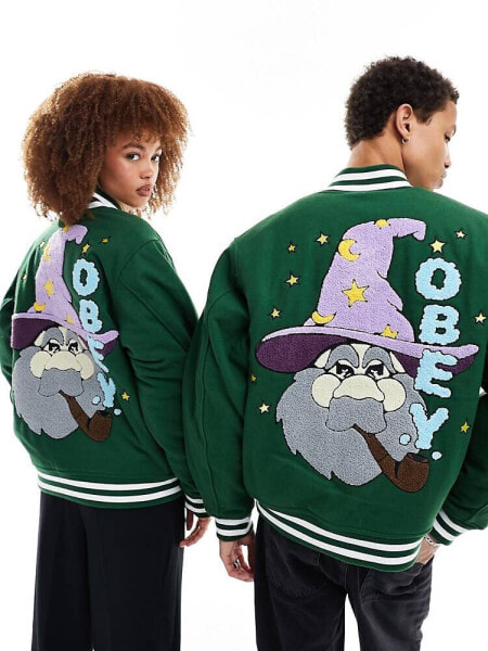 Obey wizard unisex varsity jacket in green