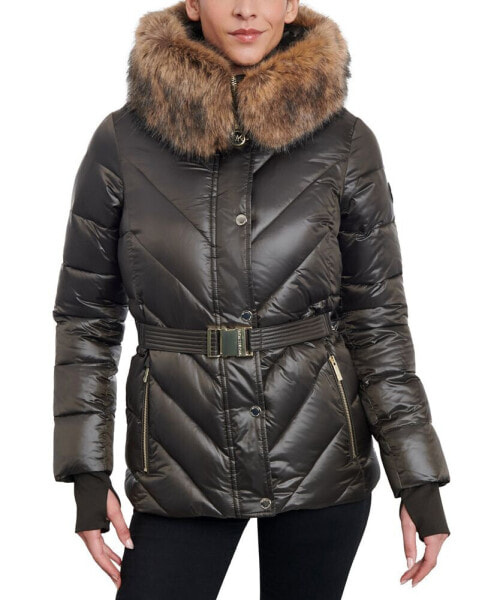 Women's Shine Belted Faux-Fur-Trim Hooded Puffer Coat