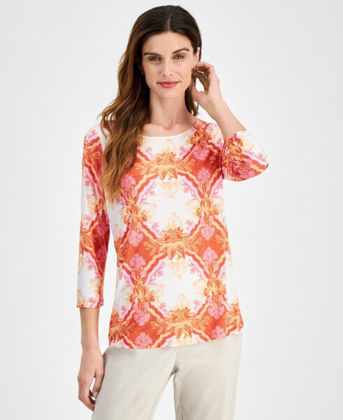 JM Collection Women's Printed Jacquard 3/4-Sleeve Top, Created for Macy's