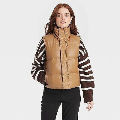Women's Faux Leather Puffer Vest - A New Day Brown L
