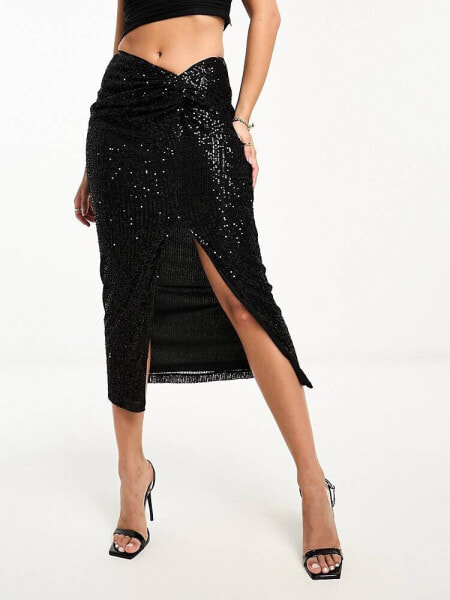 In The Style exclusive twist front sequin midi skirt in black