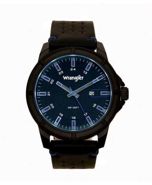 Men's Watch 48MM IP Black Case with Black Dial, Blue Index Markers, Sand Satin Dial, Analog, Date Function, Blue Second Hand, Black Strap with Blue Accent Stitch