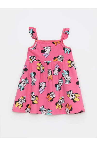 Kare Yaka Askılı Minnie Mouse Baskılı Pamuklu Kız Bebek Elbise