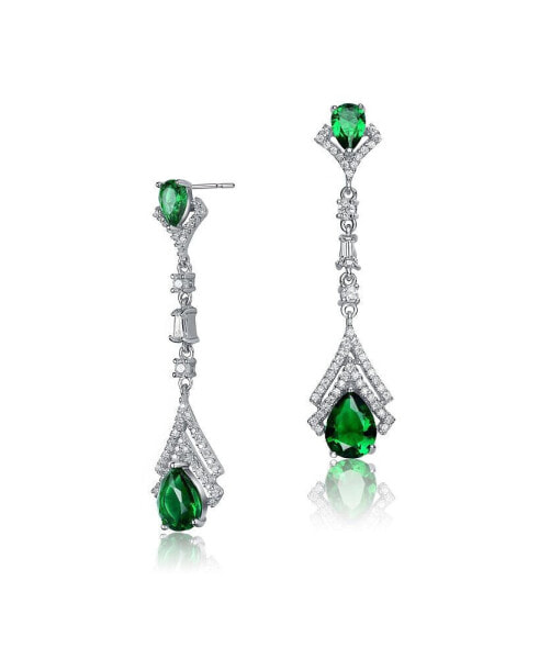 Sterling Silver With White Gold Plated Clear And Emerald Cubic Zirconia Double Haloed Drop Earrings