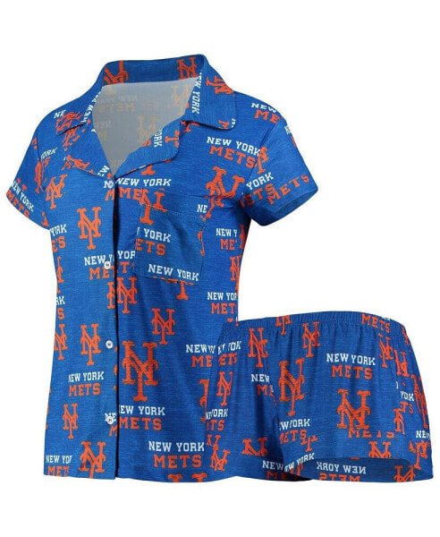 Women's Royal New York Mets Zest Allover Print Button-Up Shirt and Shorts Sleep Set