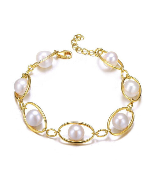 Sterling Silver 14K Gold Plated Genuine Freshwater Pearl and Cubic Zirconia Link Oval Spring Adjustable Bracelet