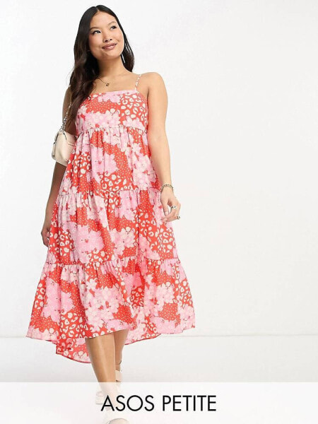 ASOS DESIGN Petite open back tiered hi low hem maxi dress in pink and red floral