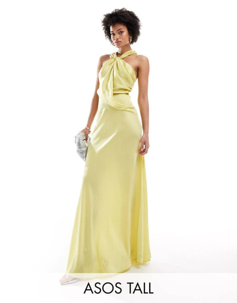 ASOS DESIGN Tall satin drape asymmetric maxi dress in dark lime