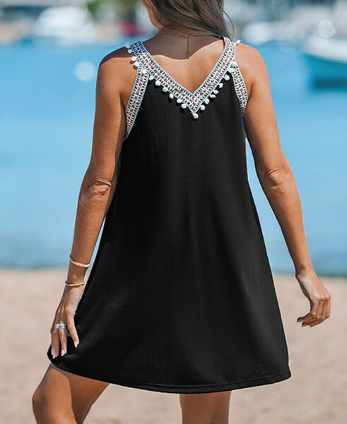 Women's Black Sleeveless Pom-Pom Jersey Mini Beach Dress