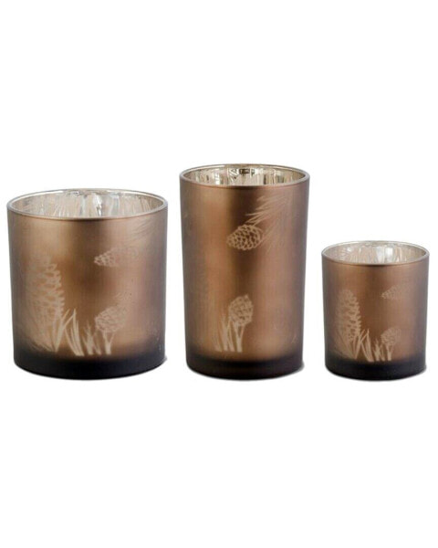 K&K Interiors, Inc. Set Of 3 Frosted Brown Glass Candleholders With Pinecone