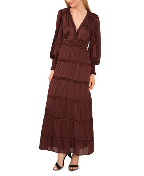 Women's Long Sleeve Plisse Ruffle Maxi Dress