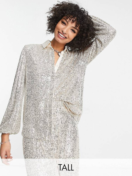 Flounce London Tall relaxed metallic sparkle shirt in silver metallic sparkle co-ord 