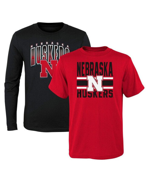 Preschool Boys and Girls Black, Scarlet Nebraska Huskers Fan Wave Short and Long Sleeve T-shirt Combo Pack