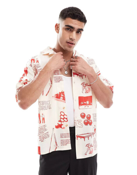 ASOS DESIGN oversized revere shirt with snooker print in ecru