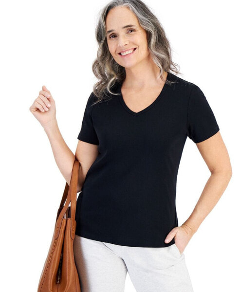 Women's Short Sleeve V-Neck Cotton Top, Created for Macy's