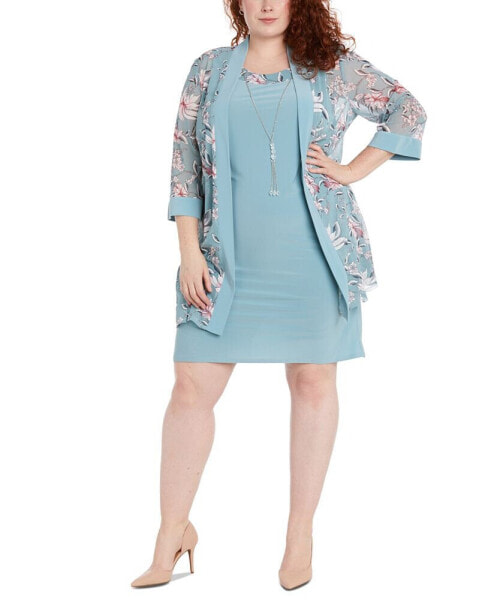 Plus Size Printed Jacket & Necklace Dress Set