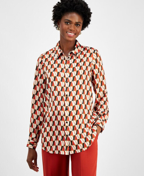 Women's Printed Satin Button-Front Blouse