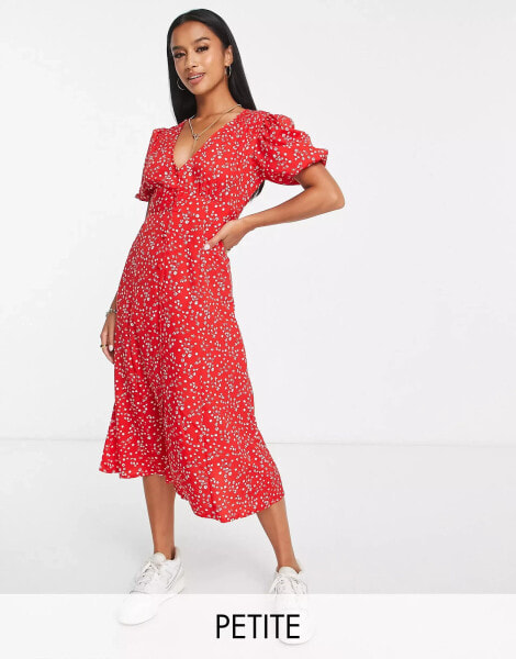 Influence Petite puff sleeve midi dress in red floral print