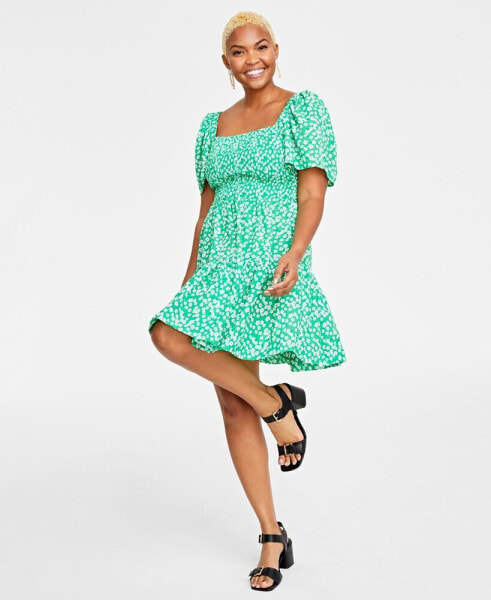 Women's Floral-Print Square-Neck Smocked Dress, Created for Macy's