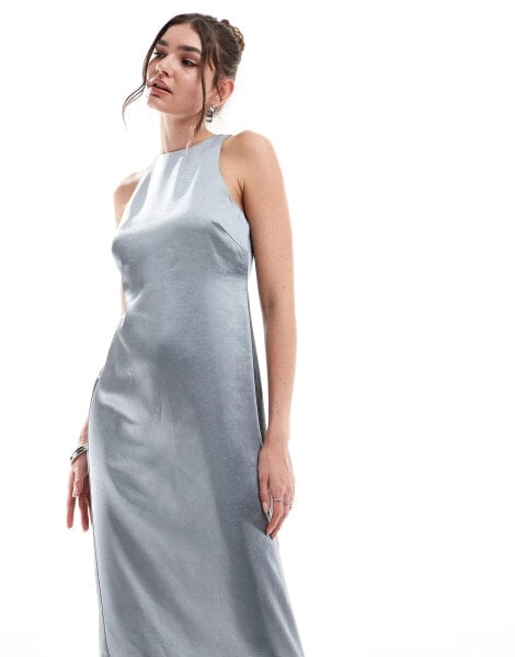 4th & Reckless satin racer neck maxi dress in steel grey