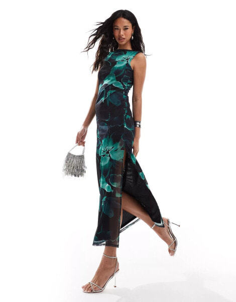 ASOS DESIGN sleeveless maxi dress with low back in green and black floral