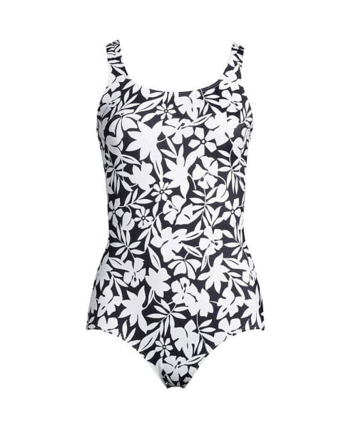 Women's Long Scoop Neck Soft Cup Tugless Sporty One Piece Swimsuit Print