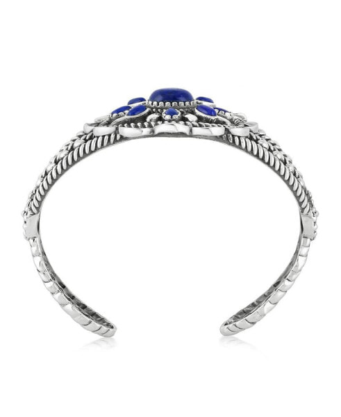 Southwestern Lapis Wildflower Sterling Silver Rope Cuff Bracelet, Size Small - Large