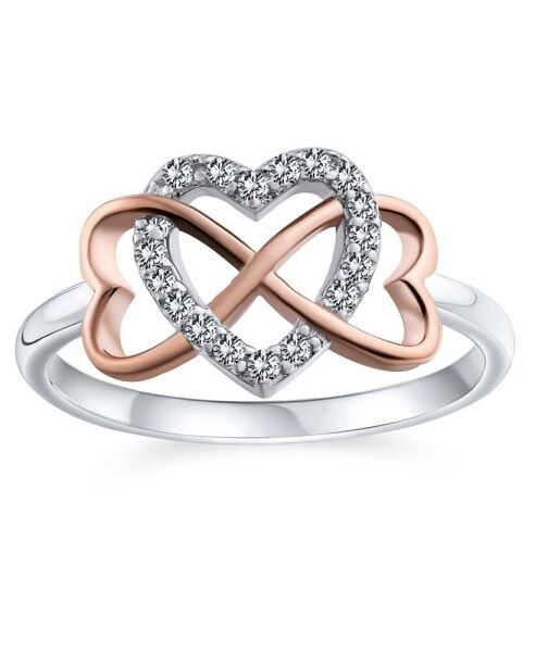 Two Tone Pave CZ Accent Cubic Zirconia Crossover Intertwined Infinity Heart Promise Ring For Women Rose Gold Plated Sterling Silver