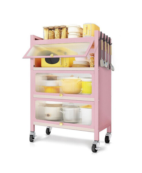 45.7'' Tall 3 Door Accent Cabinet, 4 Tier Kitchen Organizer Shelf, Pink